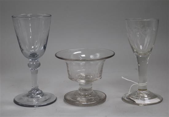 A firing glass and two other 18th century glasses